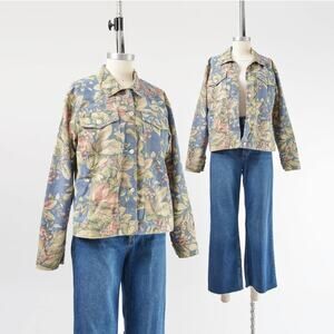Vintage 90s Blue Floral Jacket Cotton Cottagecore Casual Chore Jacket S M